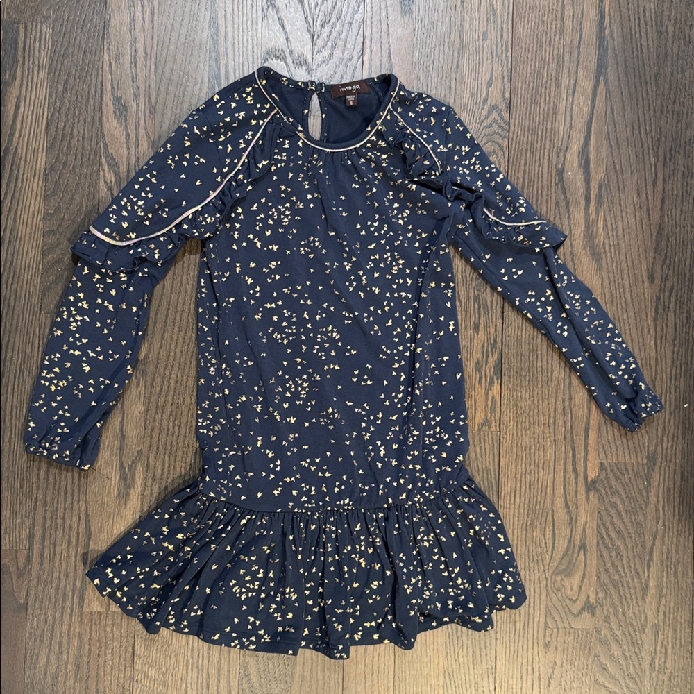 NWOT Imoga Girls Navy Dress with Gold Bird Print and Contrast Trim, size 6